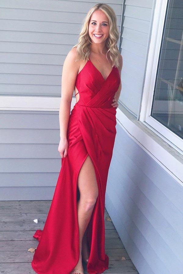 Sheath Spaghetti Straps Red Satin Prom Dress with Split PG572 - Pgmdress