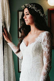 Sheath V-Neck Long Sleeves Backless Tulle Wedding Dress with Appliques WD529 - Pgmdress