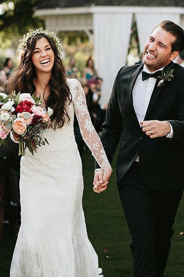 Sheath V-Neck Long Sleeves Backless Tulle Wedding Dress with Appliques WD529 - Pgmdress