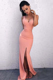 Sheath V Neck Open Back Blush Pink Split Long Prom/Evening Dresses PG800