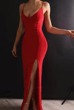 Sheath V Neck Spaghetti Straps Red Elastic Satin Long Prom Dresses PG797