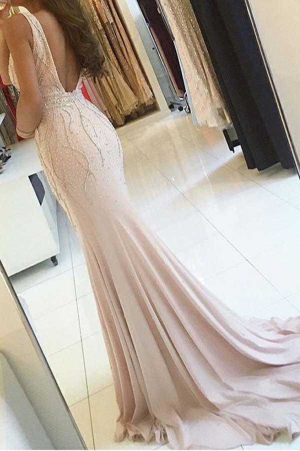 Sheath V-Neck Sweep Train Pearl Pink Backless Prom Dress with Beading PG519 - Pgmdress
