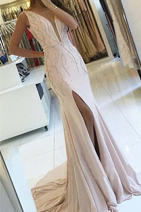 Sheath V-Neck Sweep Train Pearl Pink Backless Prom Dress with Beading PG519 - Pgmdress