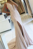 Sheath V-Neck Sweep Train Pearl Pink Backless Prom Dress with Beading PG519