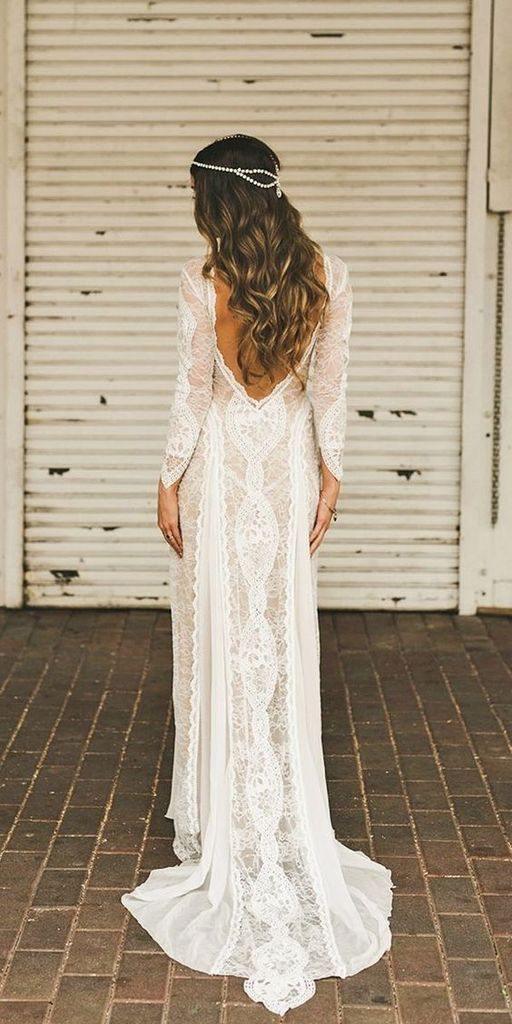 Column Lace Wedding Dress With Long Open Back Bridal Gown – Pgmdress
