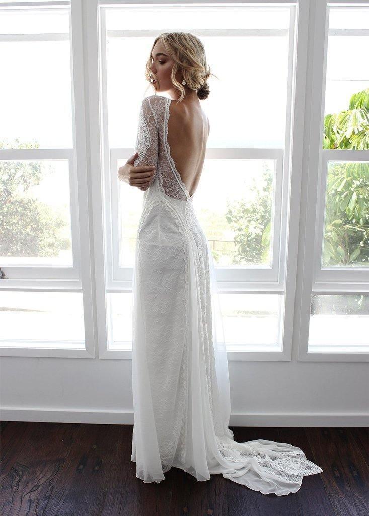Sheath/Column Lace Wedding Dress With Long Sleeve Open Back Bridal Gown  WD487