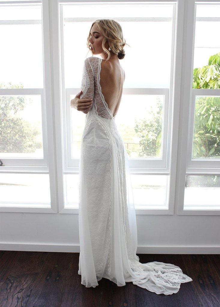 Sheath Lace Open Back Rustic Wedding Dress With Long Sleeve WD487 US16 / Nude Sheath Lace Open Back Rustic Wedding Dress With Long Sleeve WD487 US16 / Nude