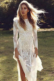 Sheath/Column  Lace Wedding Dress With Long Sleeve Open Back Bridal Gown  WD487
