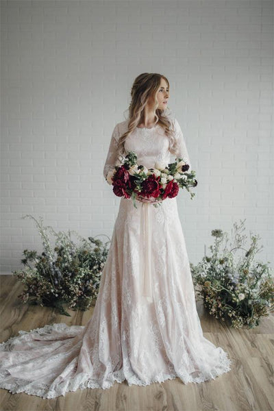 Sheer Long Sleeves Lace Modest Bride Dress Wedding Gown US6 / As Picture Sheer Long Sleeves Lace Modest Bride Dress Wedding Gown US6 / As Picture