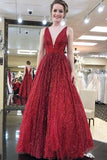 Shop Elegant V neck Tulle Sequins Burgundy Long Prom Party Dress PG864