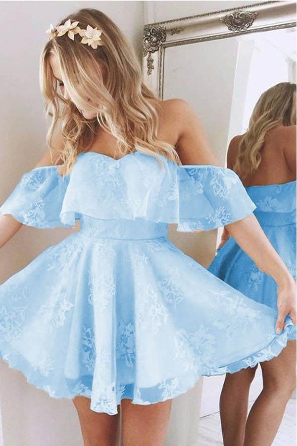 Short Blue Cute Dresses Light Blue Lace Homecoming Dress Short