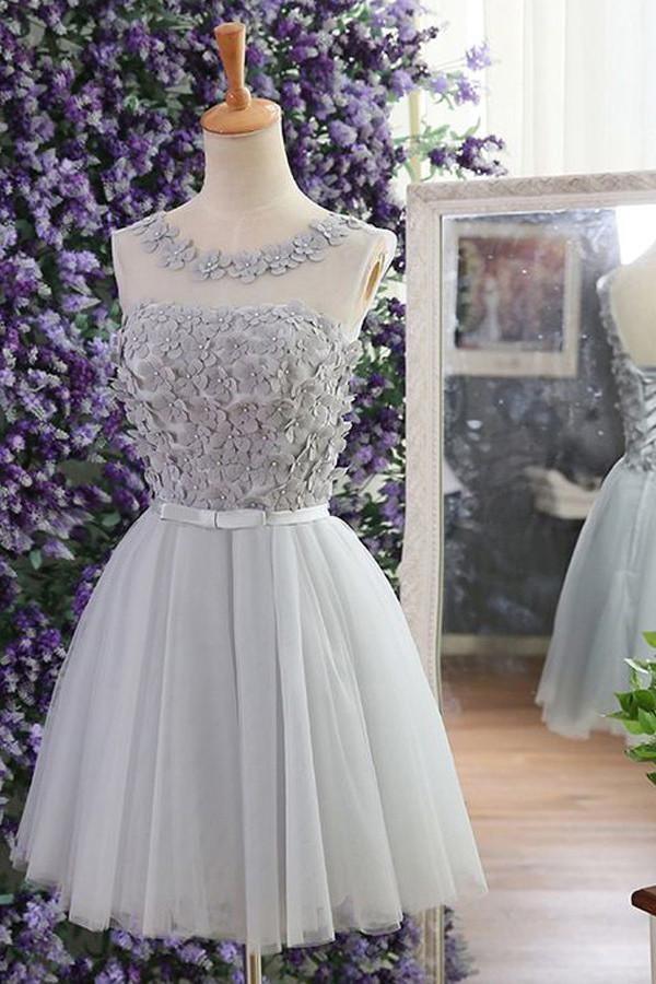 Short Grey Tulle Homecoming Dress Party Dress with Beading Appliques PG123 - Pgmdress