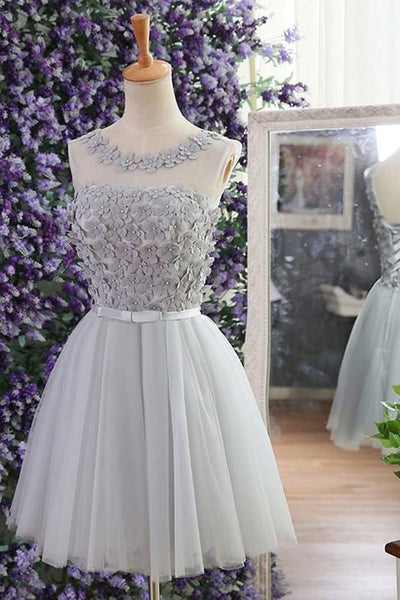 short grey wedding dress Tulle Overlay Grey Chiffon Short Bridesmaid Dress
