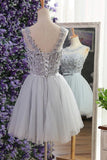 Short Grey Tulle Homecoming Dress Party Dress with Beading Appliques PG123 - Pgmdress
