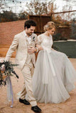 Kurzärmlige silberne Brautkleider aus Spitze und Tüll mit Schärpe WD386