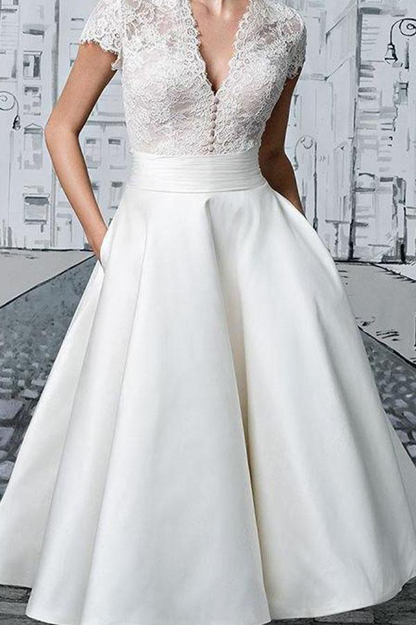 Short Wedding Dresses V-neck Lace Tea-length Ivory Simple Bridal