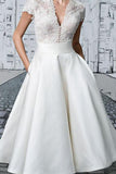 Short Wedding Dresses V-neck Lace Tea-length Ivory Simple Bridal Gown WD422 - Pgmdress