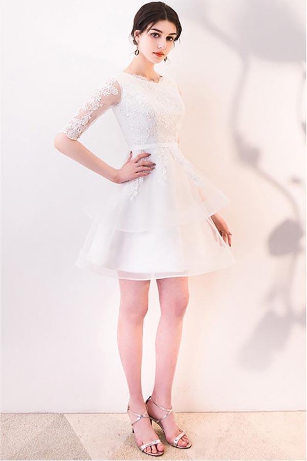 Short White Lace Ruffled Party Dress Homecoming Dresses With Half Sleeves PD063 - Pgmdress