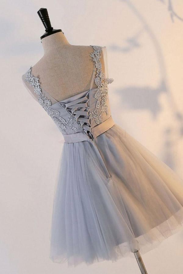 Silver Knot Tulle Homecoming Dresses Short Prom Dresses with Applique PD302 - Pgmdress