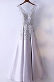 Silver Prom Dress Simple Lace A-line V-neck Long Prom Dress  PG553