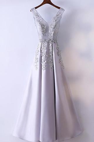 Silver Prom Dress Simple Lace A-line V-neck Long Prom Dress PG553