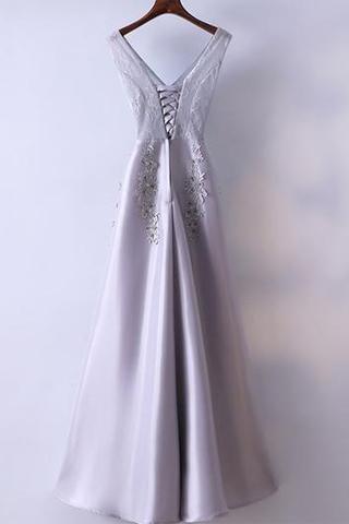 Silver Prom Dress Simple Lace A-line V-neck Long Prom Dress  PG553 - Pgmdress