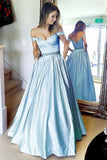 Simple A-line Off the shoulder Blue Long Prom Dress with Pocket  PG894