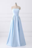 Simple A-line Strapless Long Prom Dresses Evening Dresses With Pocket PG523 - Pgmdress