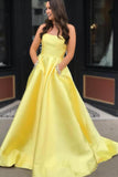 Simple A-line Strapless Long Prom Dresses Evening Dresses With Pocket PG523