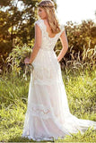 Simple A-Line V-Neck Bohemian Lace Rustic Bridal Gown Wedding Dress WD434 - Pgmdress