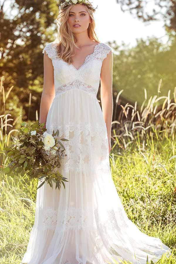 Simple A-Line V-Neck Bohemian Lace Rustic Bridal Gown Wedding Dress WD434 - Pgmdress