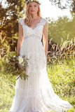 Simple A-Line V-Neck Bohemian Lace Rustic Bridal Gown Wedding Dress WD434