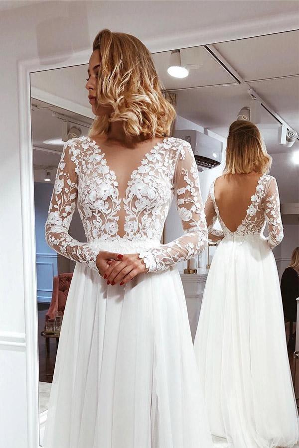 Simple A Line V Neck Ivory Lace Long Sleeves Split Wedding Dresses WD481 - Pgmdress