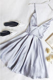 Simple A Line V Neck Light Blue Satin Homecoming Dresses with Pockets PD258 - Pgmdress