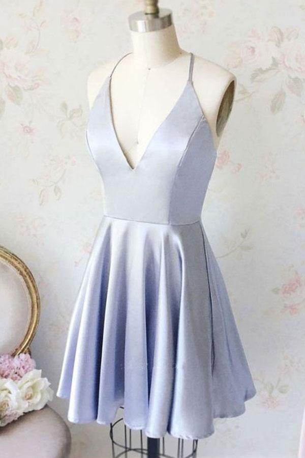 Simple A Line V Neck Light Blue Satin Homecoming Dresses with Pockets PD258 - Pgmdress