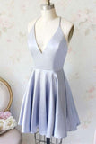 Simple A Line V Neck Light Blue Satin Homecoming Dresses with Pockets PD258