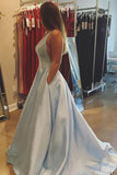 Simple A-line V-neck Satin  Prom Dresses with Pocket  PG491 - Pgmdress