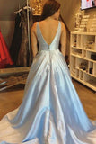 Simple A-line V-neck Satin  Prom Dresses with Pocket  PG491 - Pgmdress