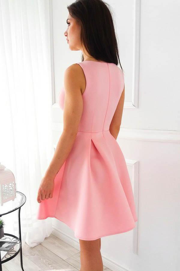 Simple A-Line V-Neck Short Pleated Pink Satin Homecoming Dress PD099 - Pgmdress