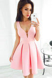 Simple A-Line V-Neck Short Pleated Pink Satin Homecoming Dress PD099