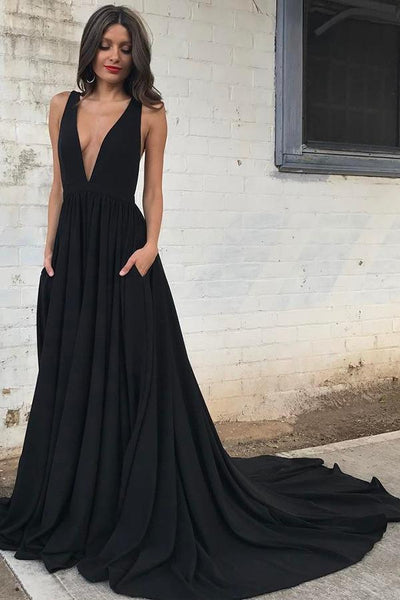 Simple Chiffon Backless Deep V Neck Black Long Prom Dress PG559 Pgmdress Simple Chiffon Backless Deep V Neck Black Long Prom Dress PG559 Pgmdress