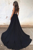 Simple Black Chiffon Backless Deep V Neck A line Long Prom Dress PG559 - Pgmdress