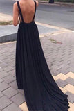 Simple Black Chiffon Backless Deep V Neck A line Long Prom Dress PG559 - Pgmdress