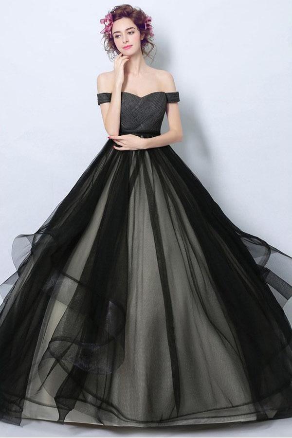 Simple Black Tulle Formal Dress Ball Gown With Off Shoulder Straps PG705 - Pgmdress