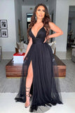 Simple Black V Neck Tulle Long Prom Dress Split Evening Dress PSK233