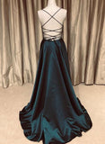 Simple Dark Green Satin Long V Neck Prom Dress Evening Dress PSK105 - Pgmdress