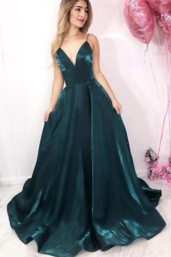 Simple Dark Green Satin Long V Neck Prom Dress Evening Dress PSK105 - Pgmdress