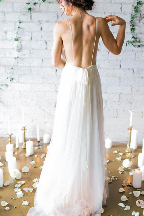 Simple Deep V-neck Sweep Train Ivory Wedding Dresses With Straps WD010 - Pgmdress