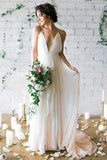 Einfache Brautkleider in Elfenbein mit tiefem V-Ausschnitt, Sweep-Zug und Trägern WD010