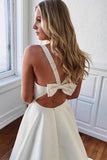 Simple Ivory Satin V Neck Wedding Dress With Bow-knot WD391 - Pgmdress